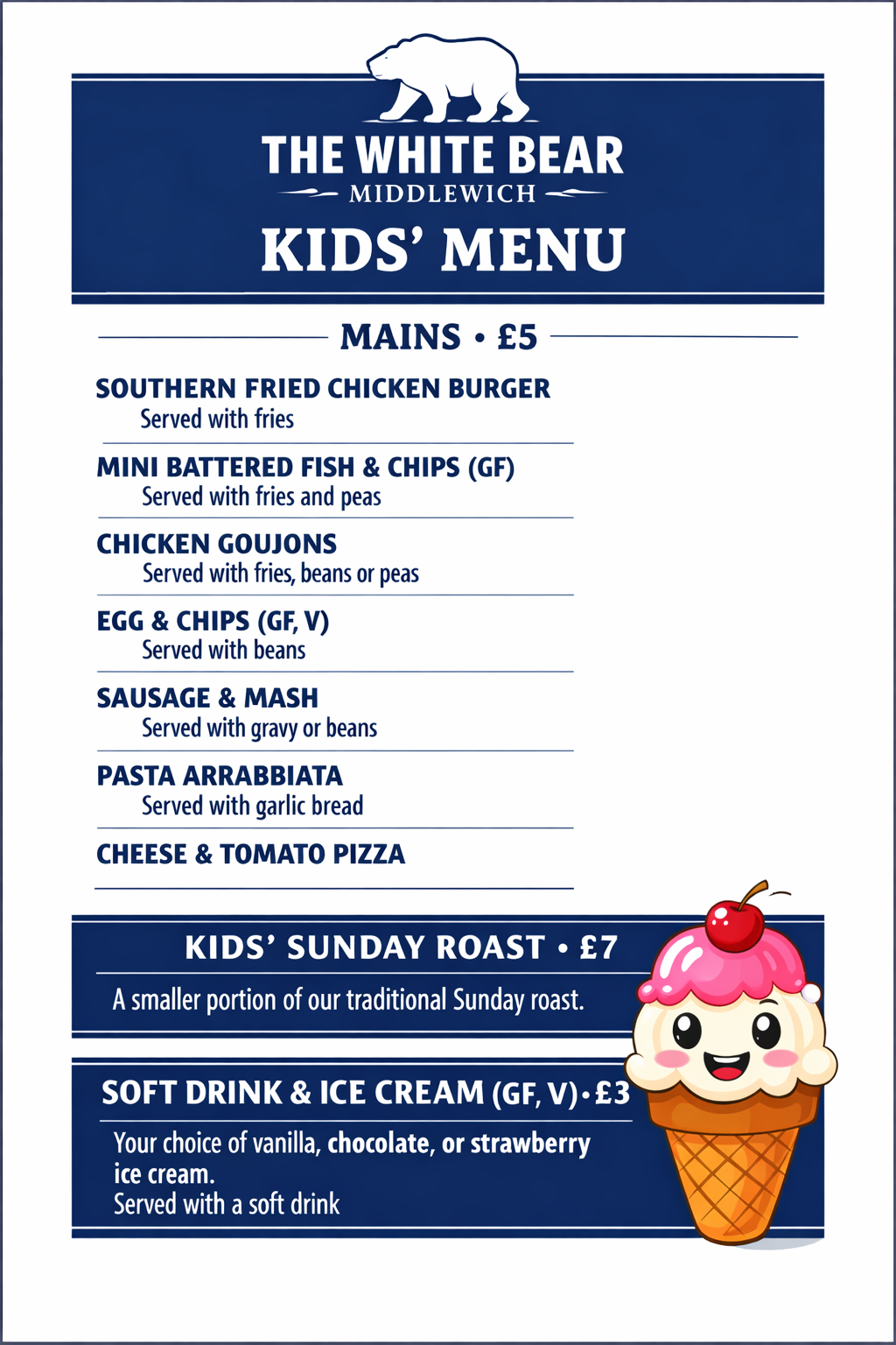 White Bear Kids Menu